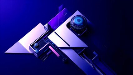 Futuristic Abstract Geometric Tech Design with Blue Lens and Vibrant PurpleBlue Lighting.