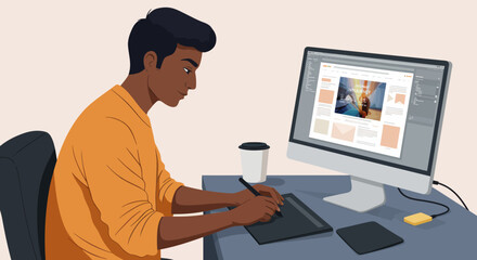 Focused Graphic Designer Working on a Computer with a Drawing Tablet