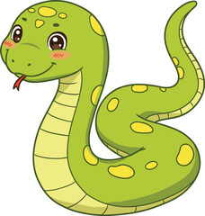 Cute cartoon green snake with smiling face, isolated on white background, perfect for kids illustrations, animal characters, and education.