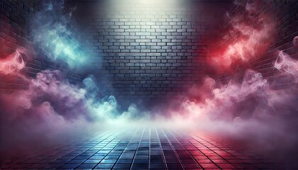 Abstract dark background with brick wall, neon lights and smoke effect