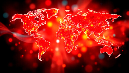 Luminous Red World Map Visualizing a Global Crisis with Glowing Hotspots.