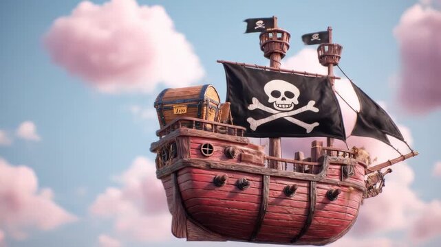 A vibrant cartoon pirate ship with a Jolly Roger flag and treasure chest sails through a whimsical sky with pink clouds