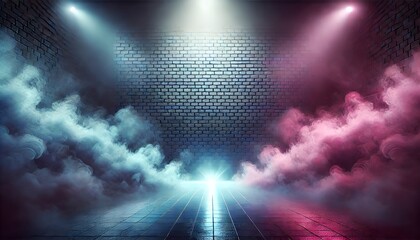 Dramatic scene with brick wall, smoke, and spotlights in blue and pink tone