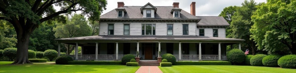 Imposing Southern mansion, weathered grey paint, wide porch, rural, greenery, building