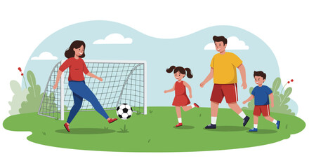 Family playing soccer on a grassy field with a goal