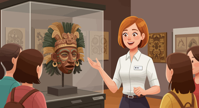 Friendly Female Museum Guide Explaining an Ancient Artifact to a Group of Visitors