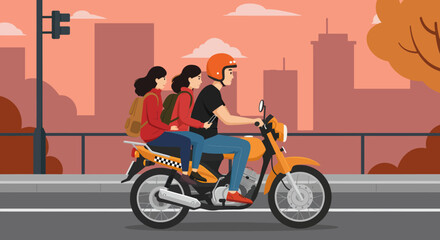 Three people riding an orange motorcycle in a city