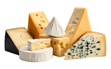 This image presents a delightful assortment of various cheeses, showcasing different types, textures, and colors, including hard, soft, and blue cheeses.