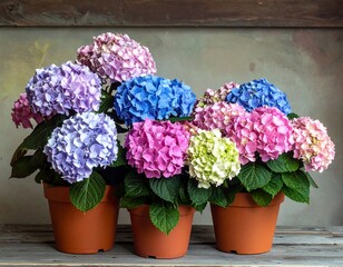 Colorful Hydrangea Plants in Pots.