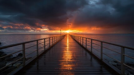 Fototapeta premium A serene oceanfront scene at dusk with a wooden pier extending into calm waters,