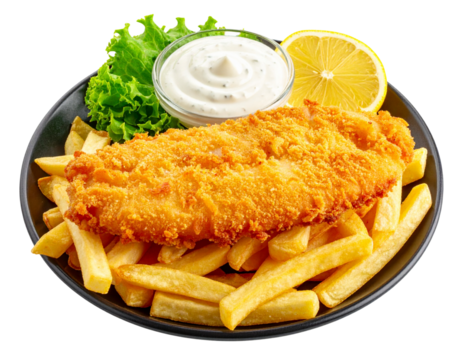 Minimalist Fish and Chips with Sauce and Lemon PNG
