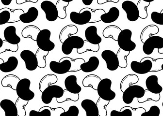 Fototapeta premium Seamless pattern of black and white beans, some outlined, scattered across a white background, creating a repeating design.