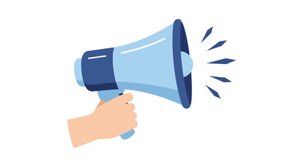 Hand Holding Blue Megaphone Announcing Loudly.