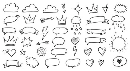 HandDrawn Doodle Elements Clouds Crowns Hearts and Ribbons.
