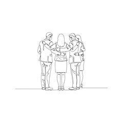 Continuous one line drawing of a diverse business team or group of friends standing together with arms around each other. Back view illustration of unity, support, and teamwork.