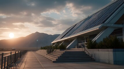 Modern Architecture with Solar Panels Near Mountain Landscape at Sunset