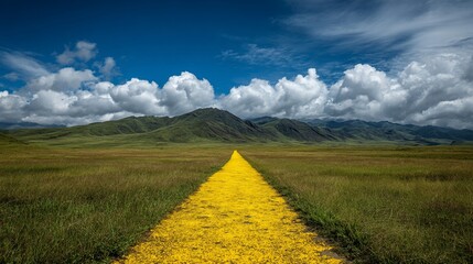 Yellow path through field to mountains under a bright blue sky with clouds, for travel inspiration