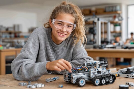 Young caucasian female teen building robotics in classroom setting