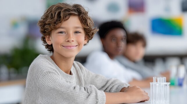 Happy caucasian child in science class with diverse classmates