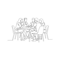 Continuous one line drawing of a business team meeting. People sitting at a table and discussing. Minimalist vector illustration of collaboration and communication.