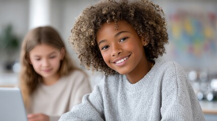 Fototapeta premium Smiling african female child and caucasian female child learning together