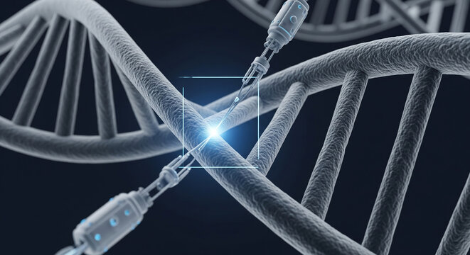 A syringe injecting a glowing point on a DNA strand, a perfect concept for genetic engineering, medical research, and biotechnology innovation - Powered by Adobe