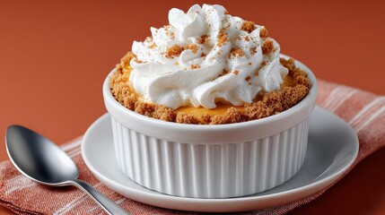 Individual pumpkin pie dessert topped with whipped cream served in a white ramekin