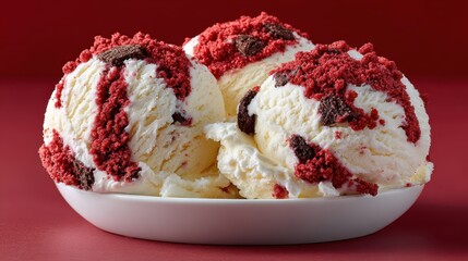 Red velvet ice cream scoops with chocolate chunks in a bowl