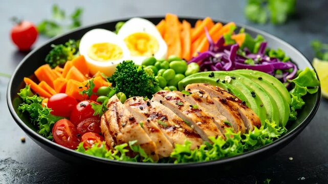Close-up of colorful protein packed healthy salad bowl with chicken, eggs, avocado, vegetables including tomatoes, carrots and red cabbage. Healthy eating.