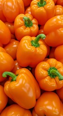 Close-up photo scotch bonnet peppers. Wallpape, Yellow and orange caribbean chili peppers with green stems. Variety of capsicum fruits. Fresh vegetables at market.