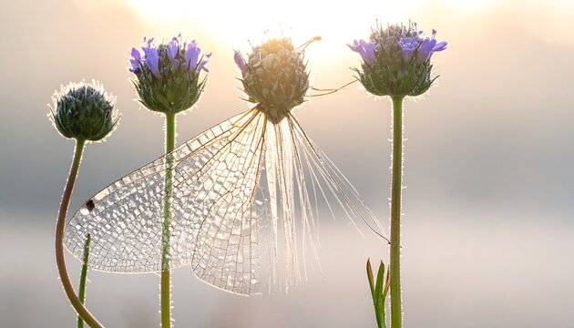 Delicate morning flowers with a translucent insect wing