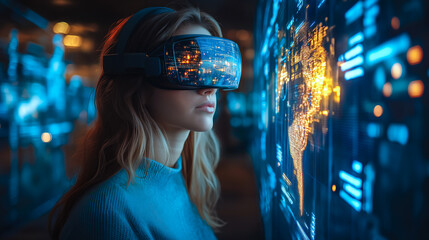 A woman wearing VR glasses interacts with a holographic globe. The concept of virtual reality, global connectivity, and futuristic business innovation. Generative AI.