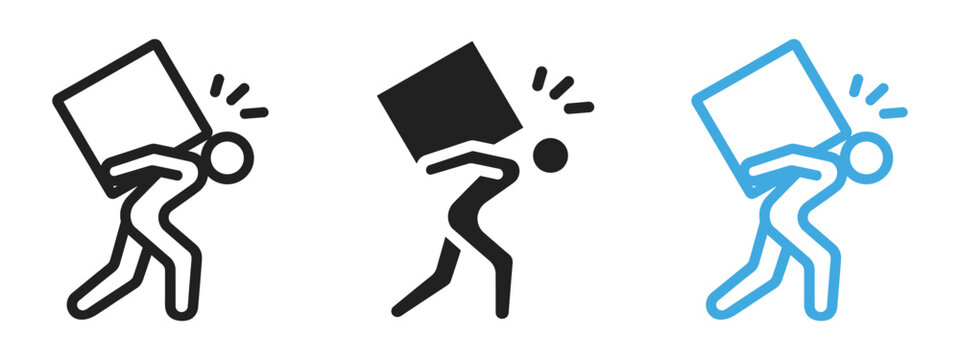 Person carrying a heavy burden or box icon vector. challenges, hard work and perseverance symbol. vector illustration.