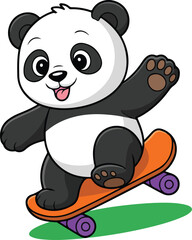 Adorable Panda Skateboard Vector  Black and White Bear Riding Joyfully