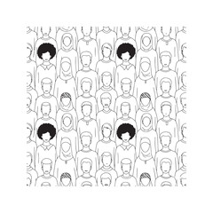 Fototapeta premium Diverse crowd of people seamless pattern. Vector illustration of multicultural community with line art icons.