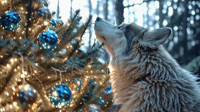 Pet Humanization of husky helping child decorate Christmas tree, festive adorable holiday stock photo concept, funny cozy dog lifestyle humor perfect for family and seasonal themes.