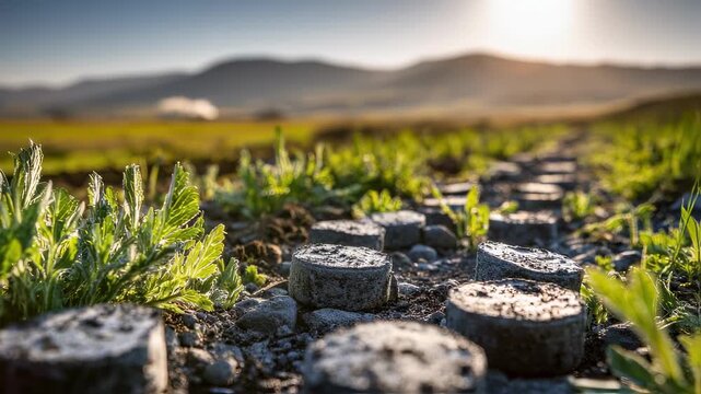 Medium shot of biochar pellets spread evenly over cultivated land showcasing sustainable farming practices and improved soil fertility with softfocus greenery behind.