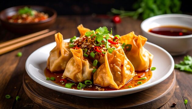 Crispy dumplings in savory sauce on a plate