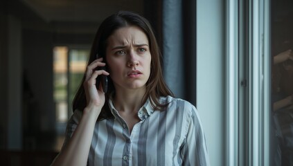 Anxious young woman receiving upsetting news during a phone call indoors by a window