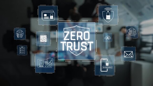Visual depiction of Zero Trust security with various digital icons representing cybersecurity elements. Focus on modern technology concepts for data protection and access control. Raster