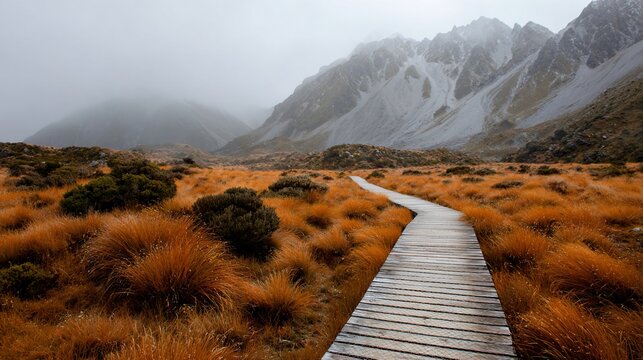 Wooden path leads through tall grass towards mountain range on a foggy day, used for tourism