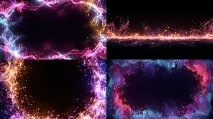 Four panels showcasing vibrant energy frames a ring, a line, a curved border, and a circular form, all against black