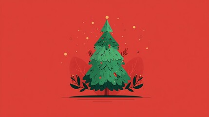 Christmas tree, decorated with berries and foliage, on solid red background, flat design style, isolated