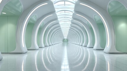 Naklejka premium Futuristic white and mint green hallway with arched design and soft lighting