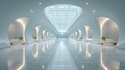 Futuristic white interior with curved architecture and symmetrical design
