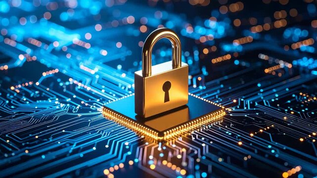 Golden padlock resting on a modern computer microchip with intricate circuit patterns and bokeh light background suggesting data security