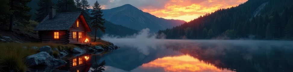 Log cabin, still lake, campfire embers fading , water, sky, light
