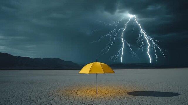 A vibrant yellow umbrella stands alone on a barren landscape under a dramatic stormy sky, illuminated by lightning strikes in the background, evoking a sense of solitude and resilience