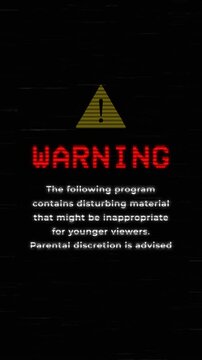 Warning Explicit Content Sign Background. Animation of a warning vintage background with parental advisory message and various vintage distorted glitch effects