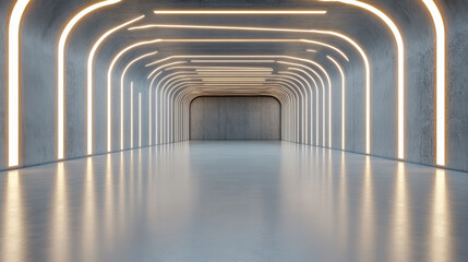 Naklejka premium Modern corridor with glowing lights and smooth floor creates futuristic atmosphere
